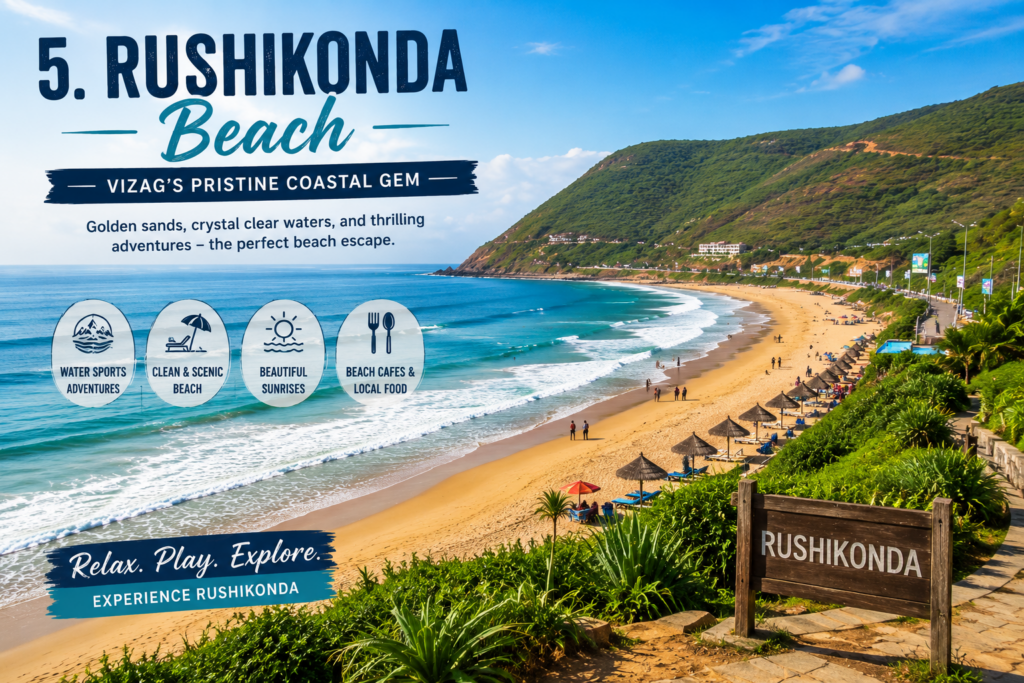 Rushikonda Beach in Visakhapatnam known for golden sands, clear waters, and water sports